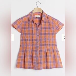 Anthropologie Pilcro Jenesa Smocked Pink and Orange Buttondown